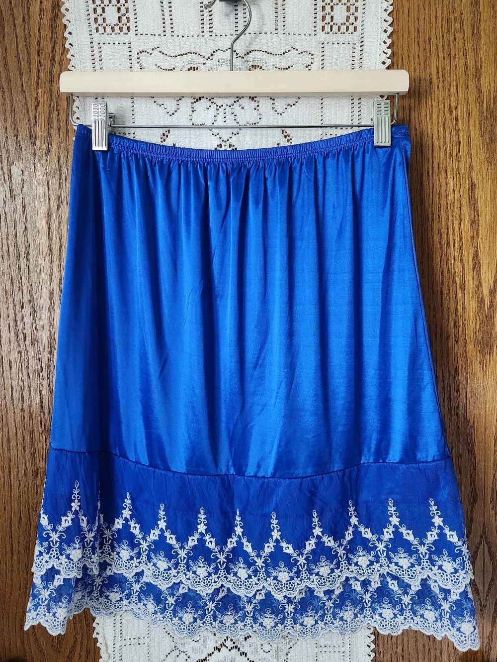 Vintage Melody Blue Satin Double Lace-Hem Slip
